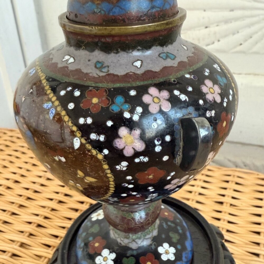 Antique Meiji 1910s Japanese Goldstone Cloisonne' Urn/ Stand Butterfly flower 7" - Picture 8 of 16